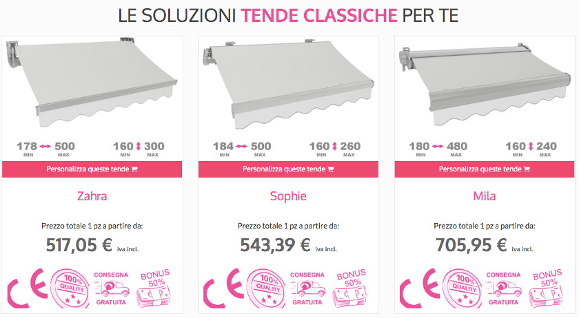 le soluzioni e prezzi per tende da sole personalizzabili